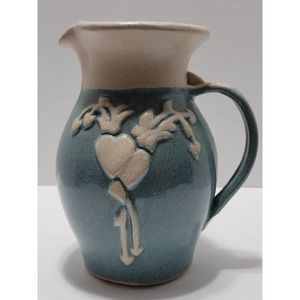 Studio Pottery Art Pitcher Vase With Raised Hearts Double Sided Artist Signed